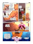 absurd_res anthro biped blye_eyes brown_hair canid canine comic cougar dialogue duo english_text eyebrows eyes_closed felid feline fingers fox fur hair hi_res jacob_(zourik) male mammal multicolored_body multicolored_fur muscular muscular_male open_mouth orange_body orange_fur speech_bubble standing tan_body teeth text tongue tyson_(zourik) white_body white_fur zourik