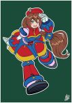  1girl arm_guards armor armored_boots armored_dress armored_gloves bare_shoulders belt beret blush boots bracer breastplate brown_hair cuirass dailyrockman dress gloves green_background green_hair hair_between_eyes hair_ornament hat iris_(mega_man) joints knee_boots long_hair looking_at_viewer mechanical_arms mechanical_boots mega_man_(series) mega_man_x_(series) one_eye_closed ponytail robot_joints shoulder_armor sidelocks simple_background smile solo turtleneck walking white_gloves 