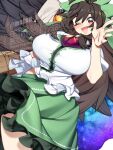  1girl :d arm_cannon black_wings blush bow breasts brown_hair collared_shirt commentary_request control_rod_(touhou) cowboy_shot feathered_wings frilled_shirt frilled_skirt frills green_bow green_skirt hair_bow highres huge_breasts impossible_clothes impossible_shirt long_hair looking_at_viewer motsu_momomo open_mouth print_cape puffy_short_sleeves puffy_sleeves red_eyes reiuji_utsuho shirt short_sleeves skirt smile solo starry_sky_print third_eye touhou watermark waving weapon white_shirt wings 