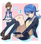  ... 2girls bare_shoulders black_jacket black_skirt black_socks blue_girl blue_hair blue_nails blue_necktie brown_hair brown_shoes closed_mouth clover_facial_mark collared_shirt cosplay costume_switch dual_persona elbow_gloves full_body gloves hair_between_eyes jacket long_sleeves looking_at_viewer medium_hair multiple_girls musical_note necktie open_clothes open_jacket pira_811 puff_of_air purple_eyes school_uniform shirt shoes short_hair skirt smile socks spoken_ellipsis spoken_musical_note sweatdrop sweater_vest thighhighs twitter_username vest yu-gi-oh! yu-gi-oh!_vrains zaizen_aoi 