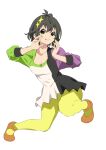  1girl :p black_hair breasts dress full_body green_eyes hair_ornament highres looking_at_viewer original pantyhose saitoyu00 short_hair simple_background smile solo tongue tongue_out white_background yellow_nails yellow_pantyhose 