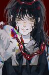  1girl bangs bird black_hair bow bowtie brown_eyes bucky_(chainsaw_man) chainsaw_man chicken chinese_commentary collared_shirt commentary_request glitch glitch_censor grey_shirt headless highres intestines long_hair mitaka_asa naigainigo neck_ribbon parted_lips portrait red_background red_bow red_bowtie ribbon ringed_eyes scar scar_on_cheek scar_on_face shirt simple_background smile solo straight-on war_devil_(chainsaw_man) 
