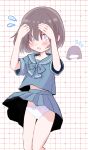  1girl blue_bow blue_bowtie blue_eyes blue_serafuku blue_skirt blush bow bow_panties bowtie bright_pupils brown_hair commentary_request commission cowboy_shot d: doodle_inset flying_sweatdrops grid_background hair_over_eyes hands_on_own_head highres looking_at_viewer midriff_peek notice_lines open_mouth original panties picot_trim_panties pixiv_commission pleated_skirt red_background red_ribbon ribbon sarada_(meaf3748) school_uniform serafuku short_hair short_sleeves shy skirt solo sweatdrop tucking_hair underwear white_background white_panties white_pupils wind wind_lift 