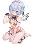  1girl absurdres amemiya_nazuna barefoot between_legs bikini black_bow black_bowtie black_gloves blue_eyes bow bowtie breasts danimocles gloves gold_bikini halo hand_between_legs heterochromia highres indie_virtual_youtuber looking_at_viewer medium_hair o-ring o-ring_thigh_strap paw_pose pink_eyes simple_background single_glove single_wing sitting small_breasts solo swimsuit thigh_strap virtual_youtuber wariza white_background white_hair white_halo white_wings wings 