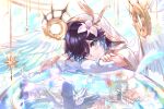  1boy angel_wings arm_rest black_hair blue_hair braid closed_mouth commentary_request csyday european_architecture feathered_wings flower genshin_impact gradient_hair green_eyes hair_flower hair_ornament hand_on_own_arm head_rest looking_at_viewer male_focus mixed-language_commentary mondstadt_city multicolored_hair partial_commentary short_hair_with_long_locks signature smile solo statue twin_braids venti_(archon)_(genshin_impact) venti_(genshin_impact) white_hood white_wings wings 