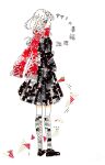  1girl abstract alternate_hair_length alternate_hairstyle ayano_no_koufuku_riron_(vocaloid) black_eyes black_serafuku black_shirt black_shoes black_skirt blush commentary_request from_behind full_body grey_socks highres kagerou_project kneehighs long_hair looking_at_viewer mai_(pannzukinoe) masking_tape_(medium) medium_skirt mixed_media profile red_scarf scarf school_uniform serafuku shirt shoes sideways_glance skirt smile socks solo song_name standing tateyama_ayano traditional_media unconventional_media white_background 