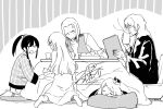  2boys 3girls absurdres anger_vein bowl bushidou_(sekaiju) bushidou_2_(sekaiju) crown cup curse_maker curse_maker_1 cushion doctor_magus doctor_magus_4 dress food forehead fruit grey_background highres holding holding_cup kotatsu mandarin_orange mini_crown mug multiple_boys multiple_girls nikki_kyousuke paladin_(sekaiju) paladin_2_(sekaiju) pants parted_lips ranger_(sekaiju) ranger_1_(sekaiju) seiza sekaiju_no_meikyuu signature sitting steam table two-tone_background under_kotatsu under_table watermark white_background zabuton 