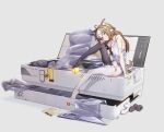  1girl absurdres animal_ears asymmetrical_pants bandaid bandaid_on_shoulder bare_shoulders black_skirt blue_eyes blush breasts brown_hair camisole clothes_pull commentary_request cube from_side full_body girls&#039;_frontline girls&#039;_frontline_neural_cloud groin hand_on_own_knee hannah_(neural_cloud) highres knee_up leaning_forward looking_at_viewer lotan multicolored_hair necktie pants pants_pull pleated_skirt skirt small_breasts smile solo tail two-tone_hair unworn_skirt waking_up white_camisole white_hair yellow_necktie 