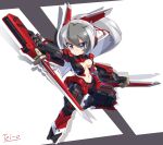  1girl artist_name blue_eyes breasts chibi cleavage dual_wielding grey_eyes grey_hair headgear highres holding holding_sword holding_weapon joints long_hair mecha_musume medium_breasts multicolored_hair navel original ponytail signature solo sword tei-o two-tone_hair weapon 