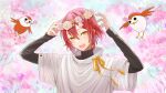  1boy :d bird black_sweater cherry_blossoms flower flower_wreath hair_between_eyes hair_flower hair_ornament half_updo hanasaki_miyabi hands_up head_wreath hollow_eyes holostars kyomu_suzume light_blush looking_at_viewer male_focus mouth_hold orange_flower pink_flower red_hair ribbon shirt short_hair short_sleeves smile solo sparrow sweater teeth turtleneck upper_body upper_teeth virtual_youtuber white_shirt yellow_eyes yellow_flower yellow_ribbon yoichi_(mokusei_karubi) 