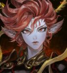  1girl animal_ears armor artist_name bangs bird_ears close-up collar expressionless facial_tattoo final_fantasy final_fantasy_xiv forehead_tattoo frischenq halo looking_at_viewer metal_collar pauldrons portrait realistic red_eyes red_hair short_hair shoulder_armor signature solo spiked_hair straight-on suzaku_(ff14) swept_bangs tattoo 