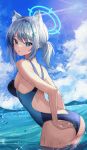  1girl :o absurdres animal_ear_fluff animal_ears ass bangs blue_archive blue_eyes blue_sky breasts cloud cross_hair_ornament day hair_ornament halo highres long_hair looking_at_viewer medium_breasts ocean one-piece_swimsuit outdoors seno_(senohime) shiroko_(blue_archive) shiroko_(swimsuit)_(blue_archive) short_hair sky solo sunlight swimsuit thighs wet white_hair 