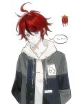  ... 1boy absurdres ahoge black_hair blue_eyes chinese_commentary closed_mouth commentary_request drawstring frown grey_jacket hair_between_eyes highres hood hood_down hoodie jacket jacket_over_hoodie long_sleeves male_focus multicolored_hair open_clothes open_jacket red_hair red_pupils short_hair simple_background solo speech_bubble spoken_ellipsis streaked_hair sumino_takumi the_hundred_line_-last_defense_academy- tomato two-tone_hair upper_body white_background white_hoodie zhoufuyechu 