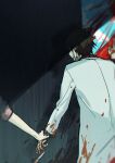  1boy aaniko black_hair black_sclera blood blood_on_clothes character_request colored_sclera cowboy_shot crying crying_with_eyes_open dropping from_behind gloves glowing glowing_eyes highres holding_another&#039;s_wrist kagerou_project kisaragi_shintarou knife lab_coat liquid_from_eyes long_sleeves male_focus parted_lips pointy_nose red_eyes shaded_face short_hair solo_focus teardrop tears white_gloves 