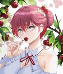  1girl absurdres bangs branch cherry closed_mouth food fruit grey_eyes hand_up highres looking_at_viewer neck_ribbon original red_hair red_ribbon ribbon short_hair siha solo upper_body wrist_cuffs 