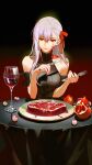 1girl absurdres alcohol bare_shoulders black_dress blood cherrymaru closed_mouth cup dark_sakura detached_sleeves dress drinking_glass elbow_rest english_commentary eyeball facial_mark fate/stay_night fate_(series) food fork fruit hair_between_eyes hair_ribbon heaven&#039;s_feel highres holding holding_fork holding_knife knife long_hair looking_at_viewer matou_sakura meat plate pomegranate purple_hair red_eyes red_ribbon ribbon short_sleeves sidelocks sleeveless sleeveless_dress smile solo striped_clothes striped_dress table vertical-striped_clothes vertical-striped_dress wine 
