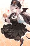  1girl absurdres black_dress black_jacket black_necktie black_pantyhose black_shoes blue_archive closed_mouth crumbs demon_wings dress food food_on_face hand_on_own_face haruna_(blue_archive) high_heels highres holding holding_food jacket jacket_on_shoulders long_hair looking_at_viewer necktie one_eye_closed pantyhose red_eyes shoes single_wing solo sunnysideup taiyaki wagashi white_hair wings 