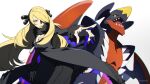  1girl black_coat black_pants blonde_hair breasts cleavage coat cynthia_(pokemon) floating_hair from_side fur-trimmed_coat fur_trim garchomp hair_ornament highres large_breasts long_hair outstretched_arm pants parted_lips pointing pokemon pokemon_(creature) pokemon_(game) pokemon_dppt very_long_hair xia_(ryugo) yellow_eyes 