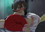 anthro bed biped blonde_hair blush brown_body brown_fur butt clothed clothed_anthro clothed_female clothing dagasi detailed_background eyes_closed female fur furniture group hair hi_res human humanoid lying made_in_abyss male mammal nanachi narehate on_bed on_side sleeping trio
