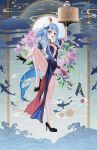  1girl absurdres alternate_costume alternate_hairstyle animal_on_head black_gloves black_shoes bloop_(gawr_gura) blue_dress blue_eyes blue_hair braid braided_hair_rings breasts china_dress chinese_clothes cleavage commentary double_bun dress ebi-chan_(gawr_gura) fins fish_tail full_body gawr_gura gloves grey_hair hair_bun hair_rings high_heels highres holding_bamboo_steamer hololive hololive_english leg_up long_hair looking_at_viewer mandarin_collar massiveyog multicolored_hair on_head open_mouth pelvic_curtain shark_girl shark_tail sharp_teeth shoes short_sleeves small_breasts solo standing standing_on_one_leg streaked_hair tail teeth thigh_strap twin_braids upper_teeth_only virtual_youtuber 