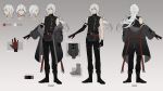  1boy a_date_with_death alternate_costume arm_belt belt black_boots black_gloves black_leggings boots casper_(a_date_with_death) elbow_gloves gloves grey_jacket highres jacket jacket_partially_removed leggings long_hair looking_at_viewer male_focus multiple_belts multiple_views non-web_source official_art outstretched_arm red_eyes reference_sheet single_elbow_glove sleeveless sleeveless_turtleneck solo turtleneck variant_set white_hair 