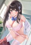  1girl :o blue_bow blue_bowtie blue_flower bow bowtie bra breasts brown_eyes brown_hair cleavage flower hair_flower hair_ornament highres huge_breasts long_hair open_clothes open_shirt original oryo_(oryo04) panties panty_pull pink_bra pink_panties pulling_own_clothes shirt solo thighhighs underwear undressing white_shirt white_thighhighs 