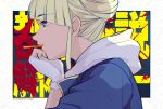  1girl blonde_hair blue_eyes border commentary_request cone_hair_bun diagonal_bangs double_bun food food_in_mouth from_side gloves hair_bun hand_on_own_chin hand_up hood hood_down jasmine_(toshi_densetsu_kaitai_center) looking_to_the_side motoiwork outside_border partially_fingerless_gloves pocky pocky_in_mouth profile short_hair sidelocks solo toshi_densetsu_kaitai_center translation_request upper_body white_border white_gloves 