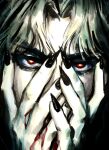  1boy black_nails blonde_hair blood blood_on_hands covering_face dark dio_brando fingernails hands_on_own_face highres jojo_no_kimyou_na_bouken long_fingernails looking_at_viewer male_focus nail_polish phantom_blood red_eyes santamanymany sharp_fingernails solo 