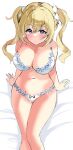  1girl arms_behind_back barbara_(genshin_impact) blonde_hair blue_eyes blush bow bow_bra bow_panties bra breasts closed_mouth commentary_request flower flower_bra flower_panties genshin_impact hair_ornament hair_scrunchie highres kisahipi large_breasts long_hair looking_at_viewer navel panties scrunchie sitting solo stomach thighs twintails underwear white_bra white_flower white_panties 