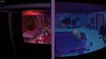  2girls 2others absurdres antlers bed bedroom blonde_hair blush closet deltarune glowing hair_over_face heart heart-shaped_pillow highres horns kris_(deltarune) looking_at_another mrkimo multiple_girls multiple_others noelle_holiday pillow poster_(object) reindeer_antlers reindeer_girl reptile_girl sitting smile soul_(deltarune) susie_(deltarune) 