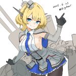  1girl absurdres adapted_turret bigkwl blonde_hair blue_eyes blue_necktie blush braid breasts cannon capelet colorado_(kancolle) dated dress elbow_gloves garrison_cap gloves grey_capelet grey_dress grey_gloves hat headgear highres kantai_collection large_breasts lattice_mast machinery necktie pantyhose pleated_dress rigging ship_turret shirt short_hair side_braids sideboob sideless_shirt sleeveless smokestack solo twitter_username white_shirt 
