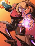  1girl arm_cannon armor blonde_hair high_ponytail highres looking_at_viewer metroid offering_hand orange_background pechamaju ponytail power_armor power_suit_(metroid) purple_eyes samus_aran solo varia_suit weapon 