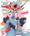 anon anthro arthropod balls big_balls big_breasts big_ears big_penis breasts canid canid_demon canine demon dialogue duo english_text erection eyeless feet female female_anthro female_on_human foot_fetish foot_play footjob fur genitals glans good_boy head_between_breasts hellhound helluva_boss hi_res human human_on_anthro humanoid_genitalia humanoid_penis hybrid insect interspecies male male/female male_human male_on_anthro mammal mythological_canine mythological_creature mythology naive_tabby open_mouth penis queen_bee-lzebub_(helluva_boss) red_eyes sex speech_bubble text yellow_body yellow_fur