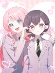  2girls absurdres bang_dream! bang_dream!_it&#039;s_mygo!!!!! blush brown_hair chihaya_anon commentary eudory fang grey_eyes haneoka_school_uniform highres long_hair long_sleeves multiple_girls open_mouth pink_hair school_uniform short_hair simple_background takamatsu_tomori 