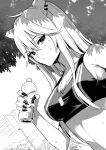  1girl animal_ears bangs bare_shoulders blush breasts dog_tags dutch_angle earrings greyscale highres hololive jewelry lion_ears long_hair looking_at_viewer monochrome nail_polish outdoors plastic_bottle shishiro_botan solo sports_bra sweat virtual_youtuber yatteyattaze 