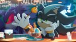  1boy black_fur body_fur chair character_request food green_eyes holding holding_food mephiles_the_dark on_chair sitting solo sonic_(series) sonic_the_hedgehog_official upper_body 