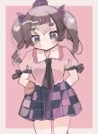  1girl :o arms_behind_back black_necktie black_skirt blush brown_eyes brown_hair collared_shirt expressionless hat himekaidou_hatate hiyuu_(hiyualice) looking_at_viewer necktie pink_background pink_shirt plaid_clothes plaid_shirt purple_skirt shirt short_sleeves skirt solo tokin_hat touhou twintails 