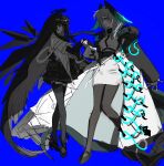  2girls arknights bingbingshangleneigezhaer black_hair black_pantyhose black_slippers blue_background blunt_bangs closed_mouth coat commentary_request couple dress feathered_wings from_side glowing glowing_eye grey_dress grey_hair hair_between_eyes head_wings headpiece highres ho&#039;olheyak_(arknights) holding_hands hood hood_down light_smile long_hair long_sleeves looking_at_viewer looking_to_the_side multicolored_dress multiple_girls pantyhose shade short_hair short_sleeves simple_background slippers standing virtuosa_(arknights) wings yuri 