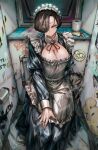  1girl absurdres apron black_dress black_hair bow breasts cigarette cleavage closed_mouth collar commentary_request dot_nose dress feet_out_of_frame frilled_apron frills graffiti grey_eyes hair_over_one_eye highres holding holding_cigarette large_breasts light_smile lighter long_bangs looking_at_viewer maid maid_apron maid_headdress open_clothes open_dress open_window original puffy_sleeves short_hair sleeve_bow smoking soleil_(soleilmtfbwy03) solo thick_eyelashes toilet_brush toilet_paper toilet_stall white_collar window 