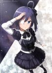  1girl ahoge black_bow black_bowtie black_bustier black_dress black_hair blue_eyes bow bowtie chuunibyou_demo_koi_ga_shitai! closed_mouth collared_shirt commentary_request dress eyepatch feet_out_of_frame frilled_dress frills hand_up highres long_sleeves looking_at_viewer medical_eyepatch medium_hair one_side_up puchikun shirt signature solo standing takanashi_rikka two-tone_background watermark white_shirt 