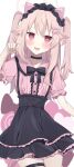 1girl :d absurdres alternate_costume black_choker black_skirt blonde_hair blue_archive blush bow center_frills choker commentary_request frilled_skirt frills hair_between_eyes hair_ornament hairclip halo hanasaki_rin heart heart-shaped_pupils highres jirai_kei looking_at_viewer natsu_(blue_archive) pink_bow pink_eyes pink_halo pink_shirt puffy_short_sleeves puffy_sleeves shirt short_sleeves skindentation skirt smile solo suspender_skirt suspenders symbol-shaped_pupils thigh_strap tongue white_background 