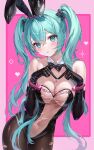  1girl absurdres animal_ears aqua_eyes aqua_hair between_breasts black_bow black_bowtie black_gloves black_pantyhose blush border bow bowtie breasts commentary crossed_bangs cuffs detached_collar double-parted_bangs elbow_gloves fake_animal_ears four-finger_heart_hands furrowed_brow gloves hair_between_eyes hair_bow handcuffs hatsune_miku heart heart_hands highleg highleg_leotard highres large_breasts leaning_to_the_side leotard long_hair looking_at_viewer navel outside_border pantyhose parted_lips pink_background pink_border playboy_bunny rabbit_ears ryu_o see-through_clothes see-through_leotard small_sweatdrop solo symbol-only_commentary thigh_gap torn_clothes torn_pantyhose twintails very_long_hair vocaloid 