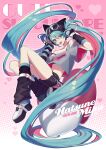  13_(bbr584607091) 1girl absurdly_long_hair absurdres alternate_costume animal_ear_headwear aqua_arm_warmers aqua_eyes aqua_hair arm_warmers beanie black_arm_warmers black_bra black_hat black_leg_warmers black_shorts bra character_name colored_inner_hair english_text eyewear_on_headwear fang floating floating_hair full_body grey_shirt hands_up hashtag-only_commentary hat hatsune_miku headphones heart highres horizontal-striped_clothes leg_belt leg_warmers long_hair looking_at_viewer multicolored_hair navel open_mouth pink_shirt platform_shoes red_hair shirt shoes short_shorts shorts single_off_shoulder skin_fang smile solo sports_bra stomach striped_arm_warmers underwear very_long_hair vocaloid white_shoes wide_sleeves 