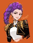  black_jacket braid brown_eyes cropped_torso earrings eyeshadow glitter glitter_makeup gold_eyeshadow highres jacket jewelry kpop_demon_hunters long_hair long_sleeves looking_at_viewer makeup open_clothes open_jacket orange_background purple_hair rumi_(kpop_demon_hunters) sethkiel shirt single_braid smile solo upper_body very_long_hair white_shirt 