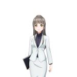 1girl arms_at_sides black_shirt blunt_bangs blush breasts carrying carrying_under_arm closed_mouth cowboy_shot formal_clothes grey_hair high_collar holding holding_notebook layered_clothes long_hair long_sidelocks long_skirt long_sleeves looking_at_viewer love_live! love_live!_school_idol_festival love_live!_school_idol_project mature_female minami_kotori&#039;s_mother notebook official_art pencil_skirt pink_lips shirt sidelocks skirt skirt_suit smile solo standing suit transparent_background white_skirt white_suit yellow_eyes 