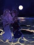  2girls artist_name bang_dream! bang_dream!_it&#039;s_mygo!!!!! barefoot black_kimono black_ribbon blue_hair closed_eyes commentary floral_print floral_print_kimono flower grey_hair hair_flower hair_ornament hair_ribbon hand_on_another&#039;s_face highres holding_hands interlocked_fingers japanese_clothes kimono long_hair maigosho moon multiple_girls night ocean open_mouth print_kimono red_flower ribbon short_hair smile takamatsu_tomori togawa_sakiko two_side_up wading white_kimono yuri 