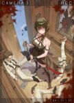  1girl 4boys absurdres axe black_dress black_hair black_thighhighs blood blurry breasts broken_mirror centauri_(saa98) corpse death depth_of_field dress elevator gold_hairband gun hairband highres large_breasts looking_at_viewer mirror multiple_boys recording red_eyes revolver security_camera solo_focus spy_x_family standing thighhighs weapon wiping_blood yor_briar 