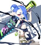  1girl bike_shorts black_shorts black_thighhighs blue_hair commentary hair_over_one_eye highres holding holding_sword holding_weapon kiss_my_eyelidz long_hair looking_at_viewer octoling official_alternate_costume open_mouth red_eyes shiver_(splatoon) shiver_(splatoon_raiders) short_eyebrows shorts smile solo splatana_stamper_(splatoon) splatoon_(series) splatoon_raiders standing sword tentacle_hair thick_eyebrows thighhighs topknot weapon weapon_name 