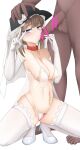  1boy 1girl absurdres babydoll bare_shoulders blue_eyes blush breasts bride brown_hair cleavage cross_piercing dima_(girls&#039;_frontline) elbow_gloves full_body girls&#039;_frontline gloves half-closed_eyes hands_up hat high_heels highres knees_apart_feet_together medium_breasts navel_piercing nipple_piercing nipples nonoan_jp panties penis_on_face piercing see-through_babydoll see-through_clothes solo_focus spread_legs squatting stomach thighs tiptoes underwear v veil white_gloves white_panties 