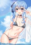  1girl :d absurdres bikini bird black_choker blue_hair blue_sky blush bow breasts choker cloud collarbone day grey_eyes hair_bow hand_up hayasaka_(a865675167774) highres hololive hoshimachi_suisei leaning_to_the_side looking_at_viewer navel off_shoulder open_mouth outdoors plaid plaid_bikini shirt side_ponytail sidelocks sky small_breasts smile solo star_(symbol) star_choker star_in_eye stomach sunlight swimsuit symbol_in_eye teeth thighs upper_teeth v virtual_youtuber wading water wavy_hair white_shirt 